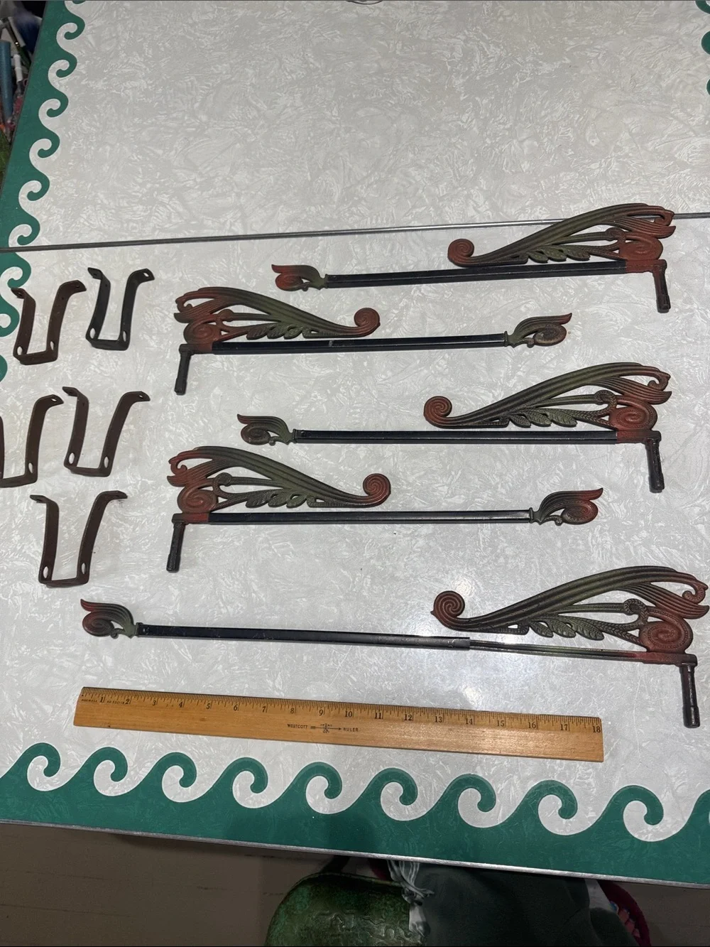 Set 5 ANTIQUE expanding swing arm curtain rods- Art deco style with mounts